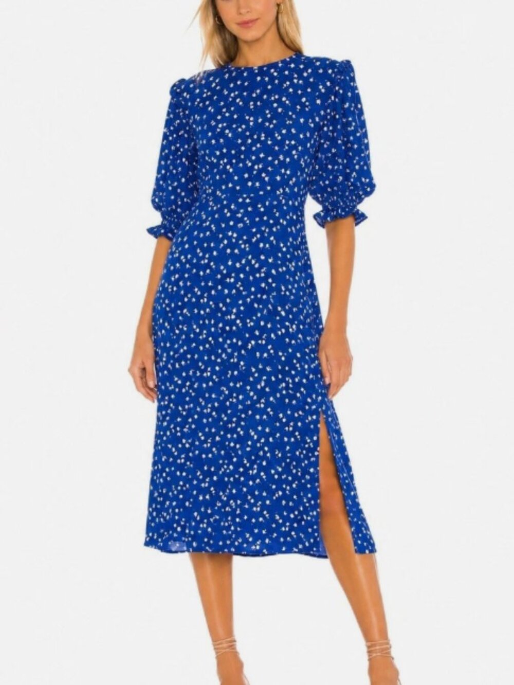 Faithfull the Brand Jean Marie Midi Dress Blue Floral US 4 Puff Sleeve
